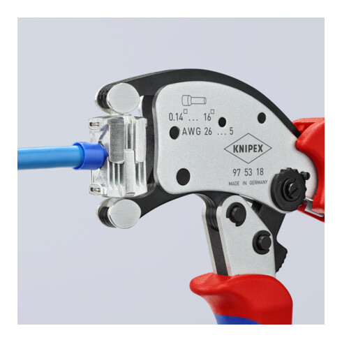 KNIPEX 97 53 18 Twistor16® Selbsteinstellende Crimpzange für Aderendhülsen mit drehbarem Crimpkopf mit Mehrkomponenten-Hüllen verchromt 200 mm