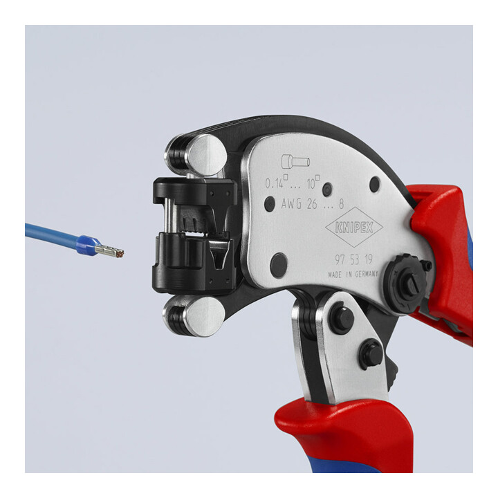 KNIPEX 97 53 19 Twistor® T Selbsteinstellende Crimpzange für Aderendhülsen mit drehbarem Crimpkopf mit Mehrkomponenten-Hüllen verchromt 200 mm