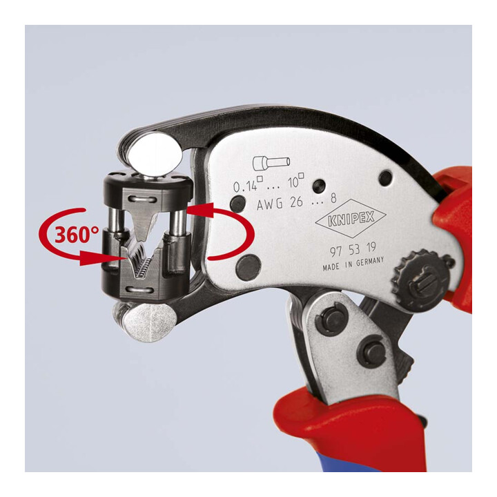 KNIPEX Pince à sertir Twistor® T auto-ajustable pour embouts de câble, tête rotative, manches bi-matière, chromée, 196 mm 97 53 19 SB