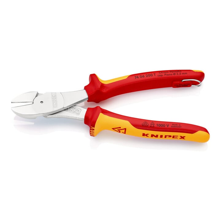 KNIPEX Pince coupante diagonale à forte démultiplication, chromée Isolation VDE, avec œillet de fixation, Longueur totale: 200 mm