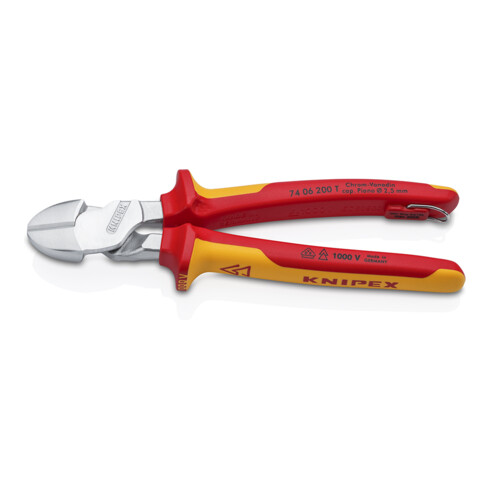 KNIPEX Tronchese laterale tipo forte 74 06 200 T con occhiello di fissaggio, cromata VDE, 200mm