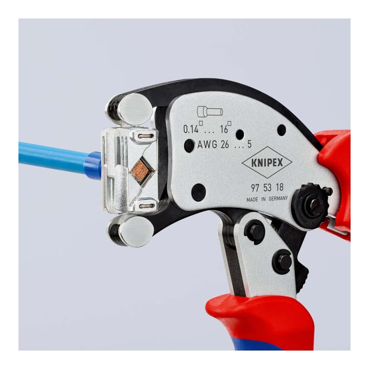 KNIPEX Twistor16®, Pince à sertir auto-ajustable pour embouts de câble, avec tête de sertissage rotative Knipex