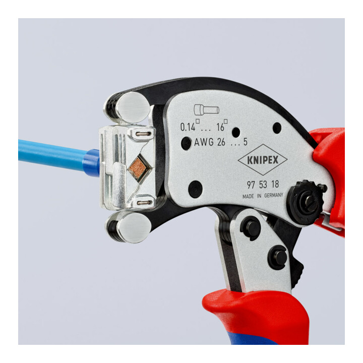 KNIPEX Twistor16®, Pince à sertir auto-ajustable pour embouts de câble, avec tête de sertissage rotative Knipex