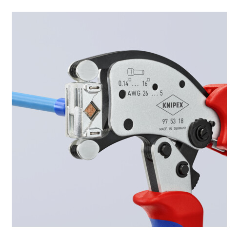 KNIPEX 97 53 18 SB Twistor16® Selbsteinstellende Crimpzange für Aderendhülsen mit drehbarem Crimpkopf mit Mehrkomponenten-Hüllen verchromt 200 mm