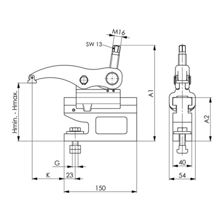 Kraftspanner Nr.7500E M16 24mm verschiebbar H.max.180mm m.Zwischenelement