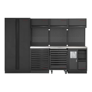 Kraftwerk 4-Element-Schrankwand mit Vierkantlochwand Länge 2955 mm Inox-Arbeitsplatte