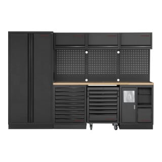 Kraftwerk 4-Element-Schrankwand mit Vierkantlochwand Länge 2955 mm Multiplex-Arbeitsplatten