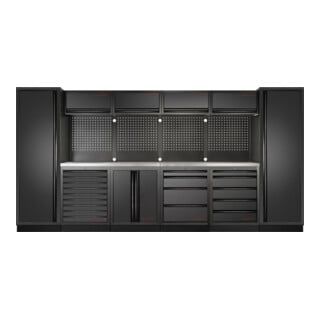 Kraftwerk 6-Element-Schrankwand mit Vierkantlochwand Länge 3920 mm INOX-Arbeitsplatte