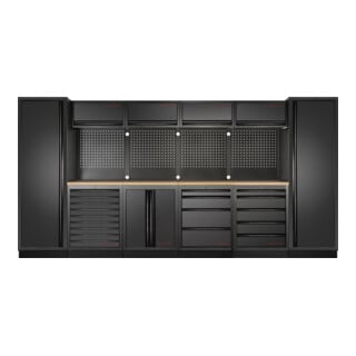 Kraftwerk 6-Element-Schrankwand mit Vierkantlochwand Länge 3920 mm Multiplex-Arbeitsplatte