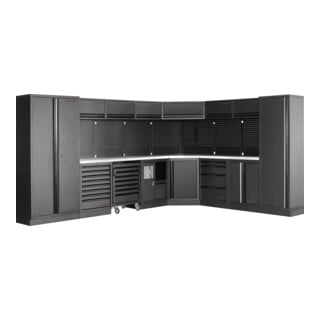 Kraftwerk 8-Element-Schrankwand mit Vierkantlochwand Länge 3819 mm 2824 mm Inox Arbeitsplatte