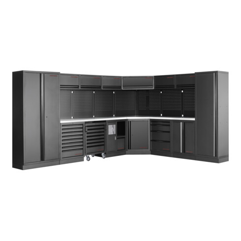Kraftwerk 8-Element-Schrankwand mit Vierkantlochwand Länge 3819 mm 2824 mm Inox Arbeitsplatte