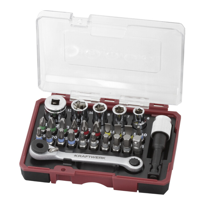 Kraftwerk Boîte d'embouts avec mini-clé à cliquet 1/4" S2, 27 pcs