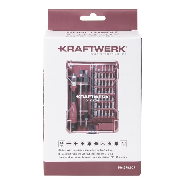 Kraftwerk Boîte d'embouts avec tournevis de précision 1/4", 45 pcs
