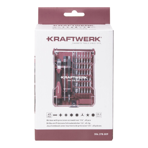 Kraftwerk Boîte d'embouts avec tournevis de précision 1/4", 45 pcs
