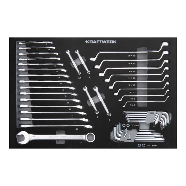 Set Kraftwerk Werkstattwagen BT700 60/40 7 Schubladen + LED Stirnlampe COB 500 + Steckschlüssel-Einlage 1/4“+3/8“+1/2“, bestückt, 86-tlg. + Gabelring/ Ring-Ring-Einlage 46-tlg.