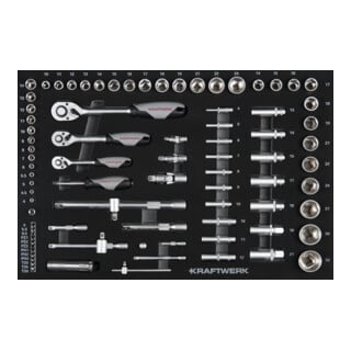 Kraftwerk Jeu de douilles 1/4“+3/8“+1/2“, équipé, 86 pièces.