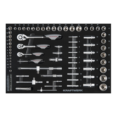 Kraftwerk Jeu de douilles 1/4“+3/8“+1/2“, équipé, 86 pièces.