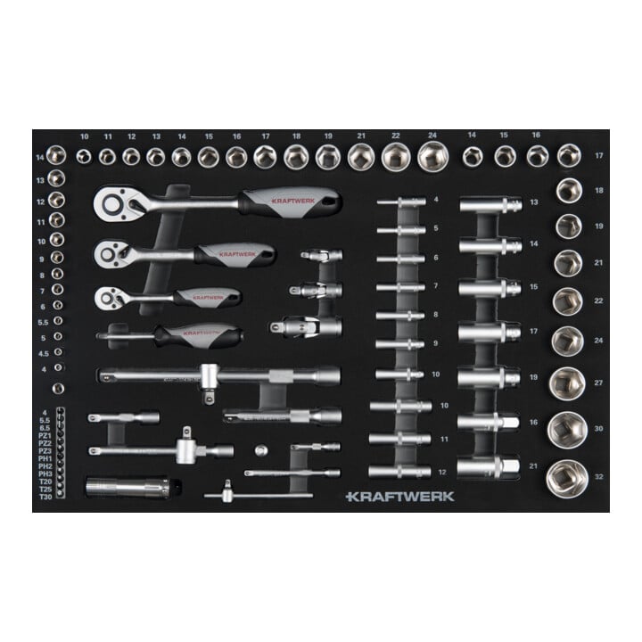 Set Kraftwerk Servante d’atelier LT700 60/40 7 tiroirs + Lampe frontale LED COB 500 + Jeu d’embouts à douille 1/4“+3/8“+1/2“, équipé, 86 pièces + Jeu de clés mixtes/anneaux 46 pièces