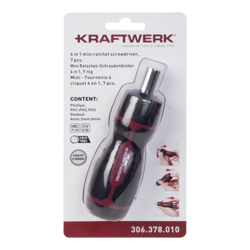 Kraftwerk Mini tournevis à cliquet 6 en 1, 1/4", 7 pcs