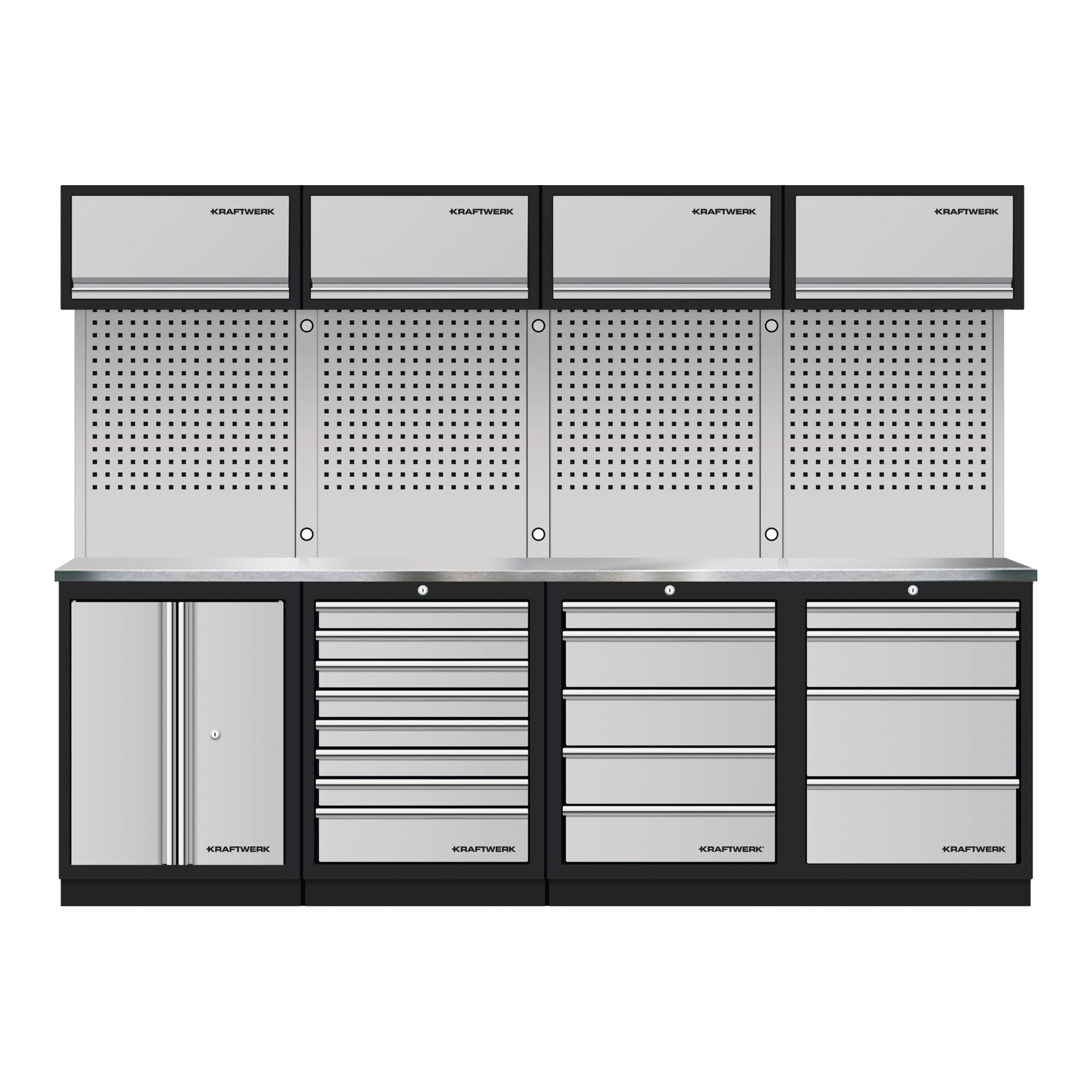 Kraftwerk Mobilio 4er Kombi, 4x Oberschrank,Lochwand, Edelstahl