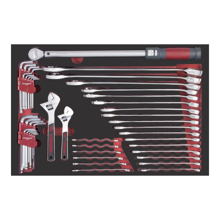 Kraftwerk Werkstattwagen PRO LINE PT800 7 Schubladen + Kraftwerk LED Stirnlampe COB 500 mit Bewegungssensor + PRO LINE EVA Einlage 1/4"+3/8"+1/2" 60x40 125-tlg. + PRO LINE EVA Ring-Maulschlüssel, Drehmoment Satz 60x40 44-tlg.