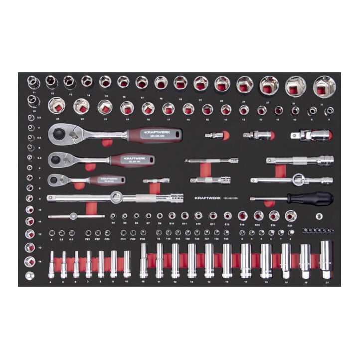 Kraftwerk Werkstattwagen PRO LINE PT800 7 Schubladen + Kraftwerk LED Stirnlampe COB 500 mit Bewegungssensor + PRO LINE EVA Einlage 1/4"+3/8"+1/2" 60x40 125-tlg. + PRO LINE EVA Ring-Maulschlüssel, Drehmoment Satz 60x40 44-tlg.