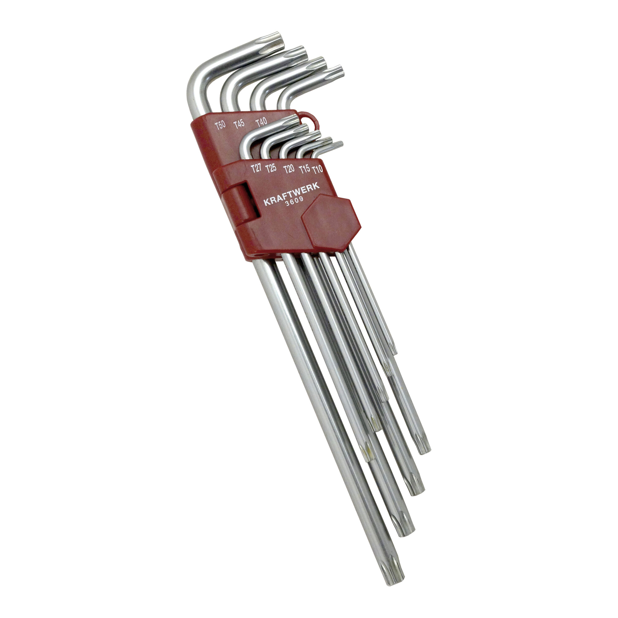 Kraftwerk Winkelstiftschlüssel-Satz für TX-Schrauben mit Bohrung T10-T50, 9-tlg.