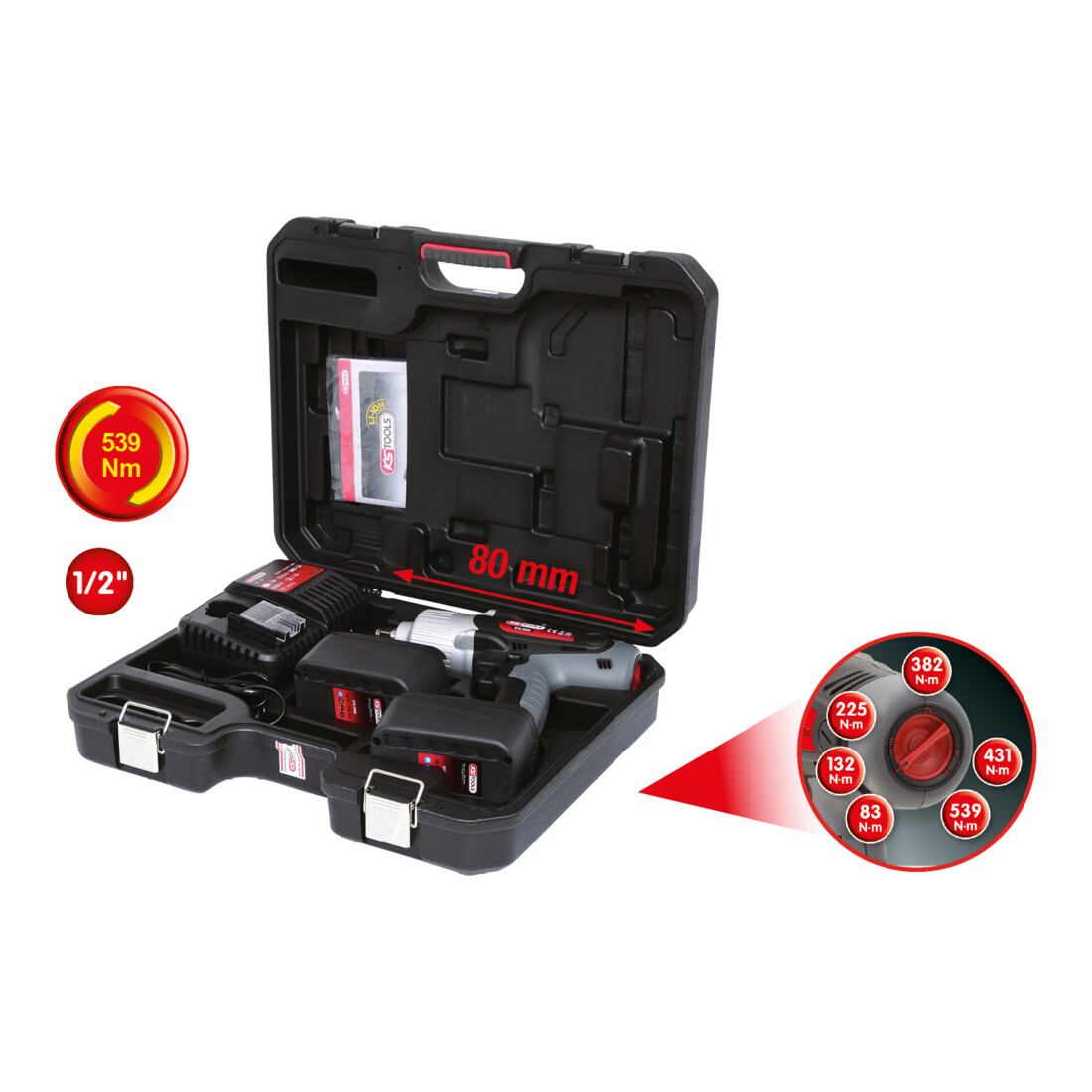 KS Tools 1/2"Clé à chocs avec réglage de couple sur batterie,1.800 Tr/min,avec 2 batterie et chargeur