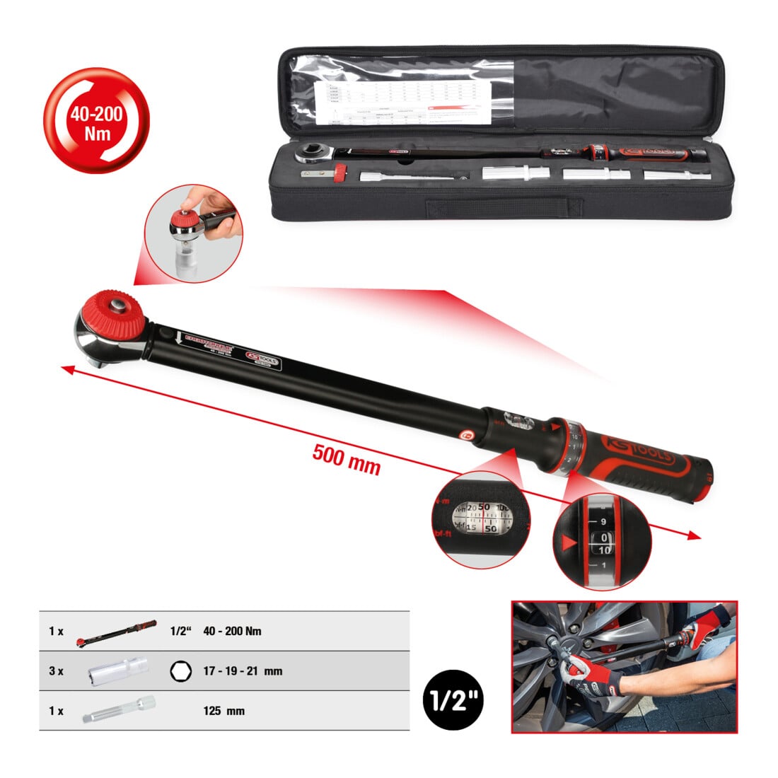 KS Tools 1/2"ERGOTORQUEbasic Drehmomentschlüssel-Satz, 40-200Nm, 6-teilig