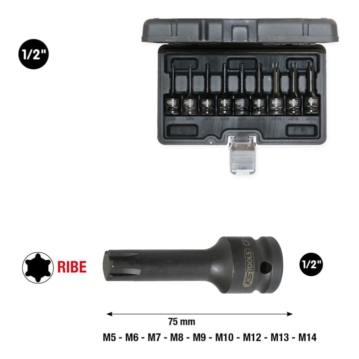 KS Tools 1/2" Jeu de douilles à chocs RIBE, 9 pcs.