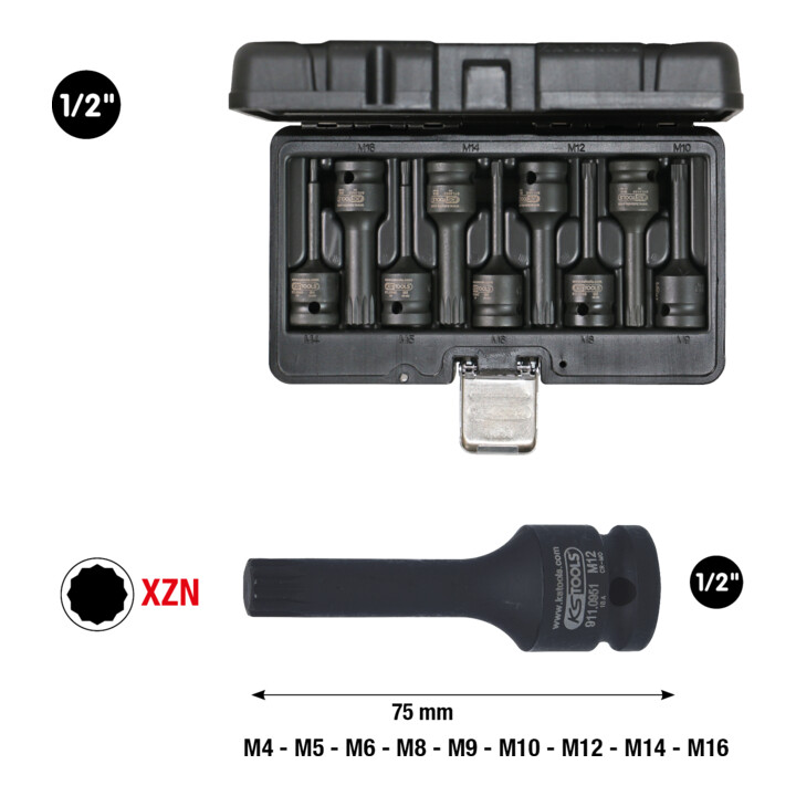 KS Tools 1/2" krachtdop bitset meertands, 9 stuks