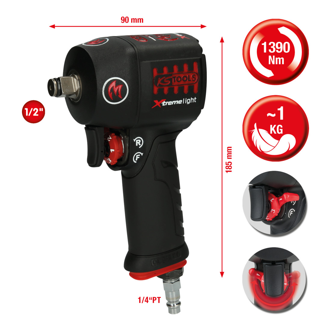 KS Tools 1/2" miniMONSTER Xtremelight pneumatische slagmoersleutel met groot vermogen 1.390 Nm