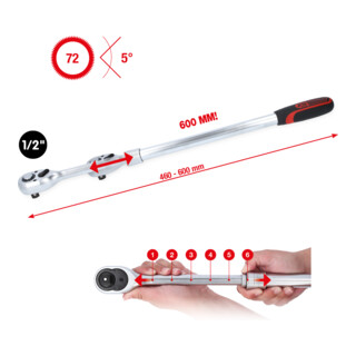 KS Tools 1/2" omschakelbare telescoopratel, extra lang, 72-tanden