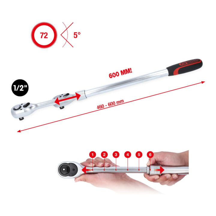 KS Tools 1/2" Teleskop-Umschaltknarre, extra lang, 72-Zahn