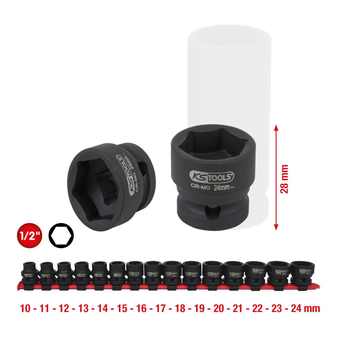 KS Tools 1/2" zeskant dopsleutelset, extra kort, 15-delig.