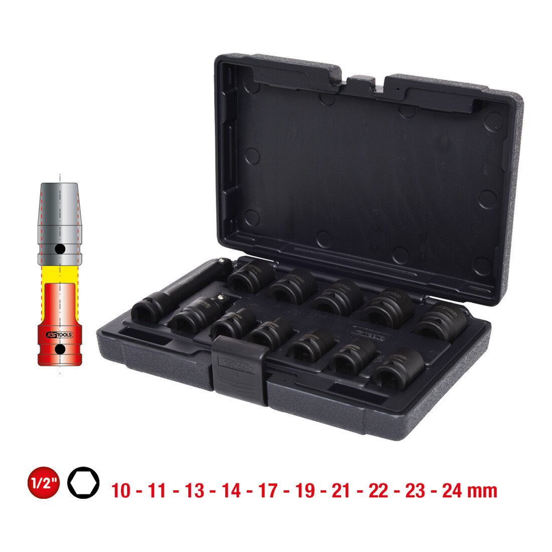 KS Tools 1/2" zeskant dopsleutelset, kort, 12 stuks
