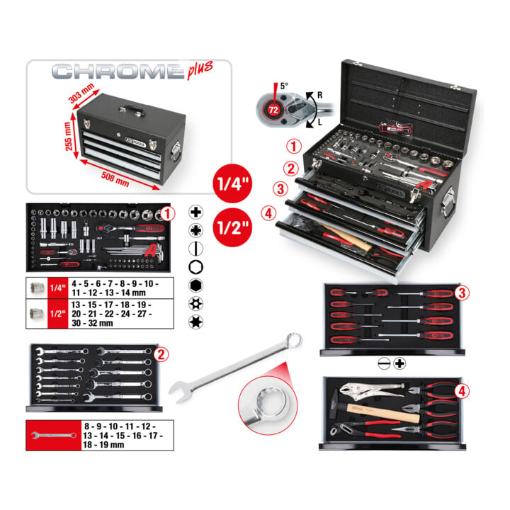 KS Tools 1/4"+1/2" CHROMEplus Universal-Werkzeug-Satz, 99-teilig