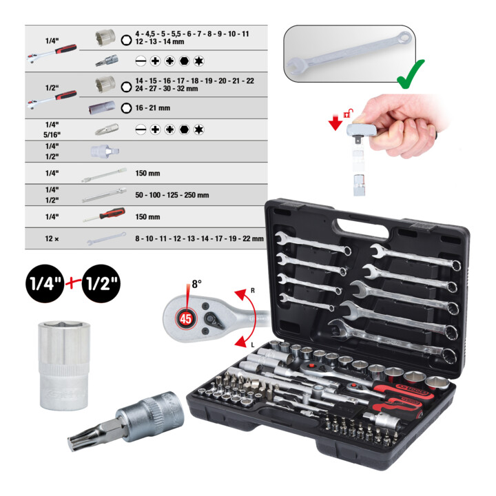 KS Tools 1/4"+1/2" Coffret de douilles, 82 pcs.