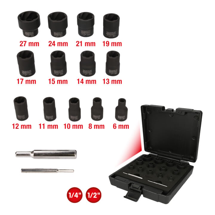 KS Tools 1/4"+1/2" Jeux de douilles à chocs spirales,15 pcs.