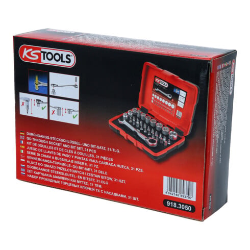 KS Tools 1/4" + 11 mm doorvoer dopsleutels en bitset, 31 st.