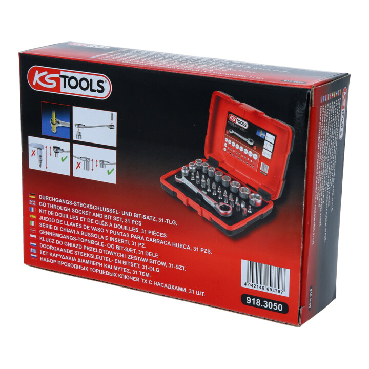 KS Tools 1/4" + 11 mm Durchgangs-Steckschlüssel- und Bit-Satz, 31-tlg.