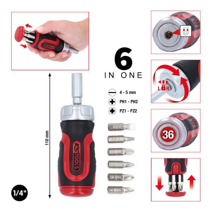 KS Tools 1/4" 6 in 1 Mini-Ratschen-Schraubendreher