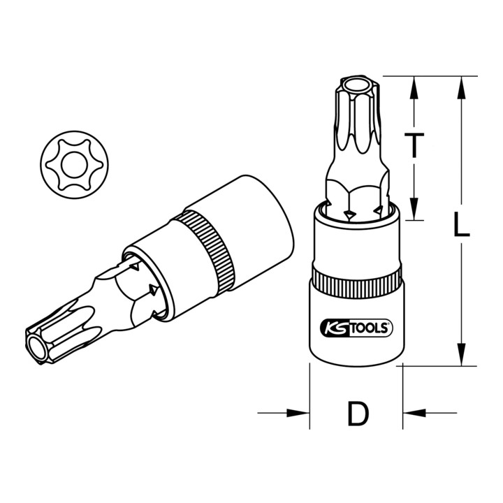 KS Tools 1/4" bit bus TX met boring, TB20