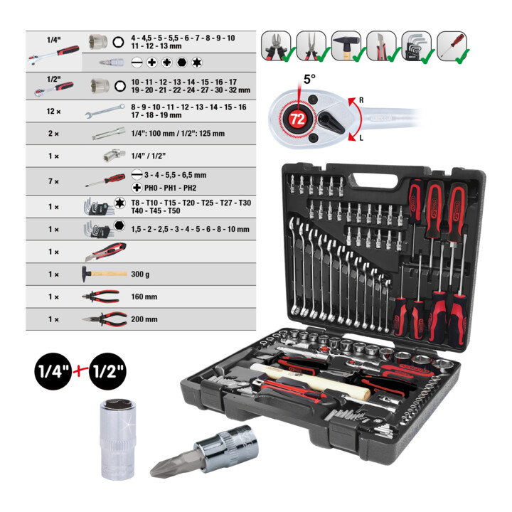 KS Tools 1/4 inch+3/8 inch+1/2 inch CHROMEplus universele gereedschapset, 97 dlg.