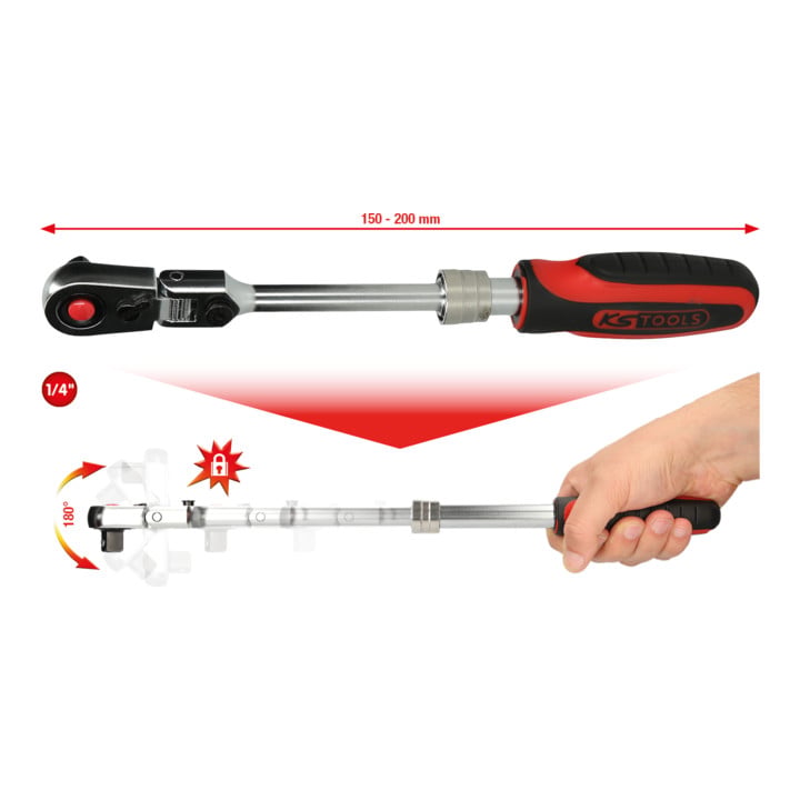 KS Tools 1/4" SlimPOWER Teleskop-Gelenk-Umschaltknarre, 72 Zahn