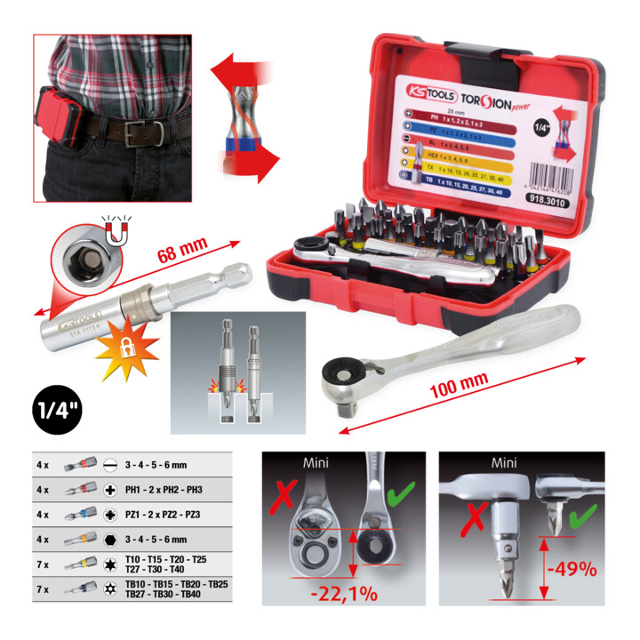 KS Tools 1/4" TORSIONkrachtbit Box, 32 stuks.