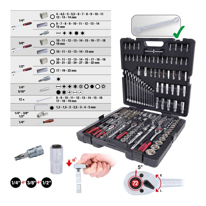 KS Tools 1/4 Zoll+3/8 Zoll+1/2 Zoll CHROMEplus Steckschlüssel-Satz, 216-tlg.