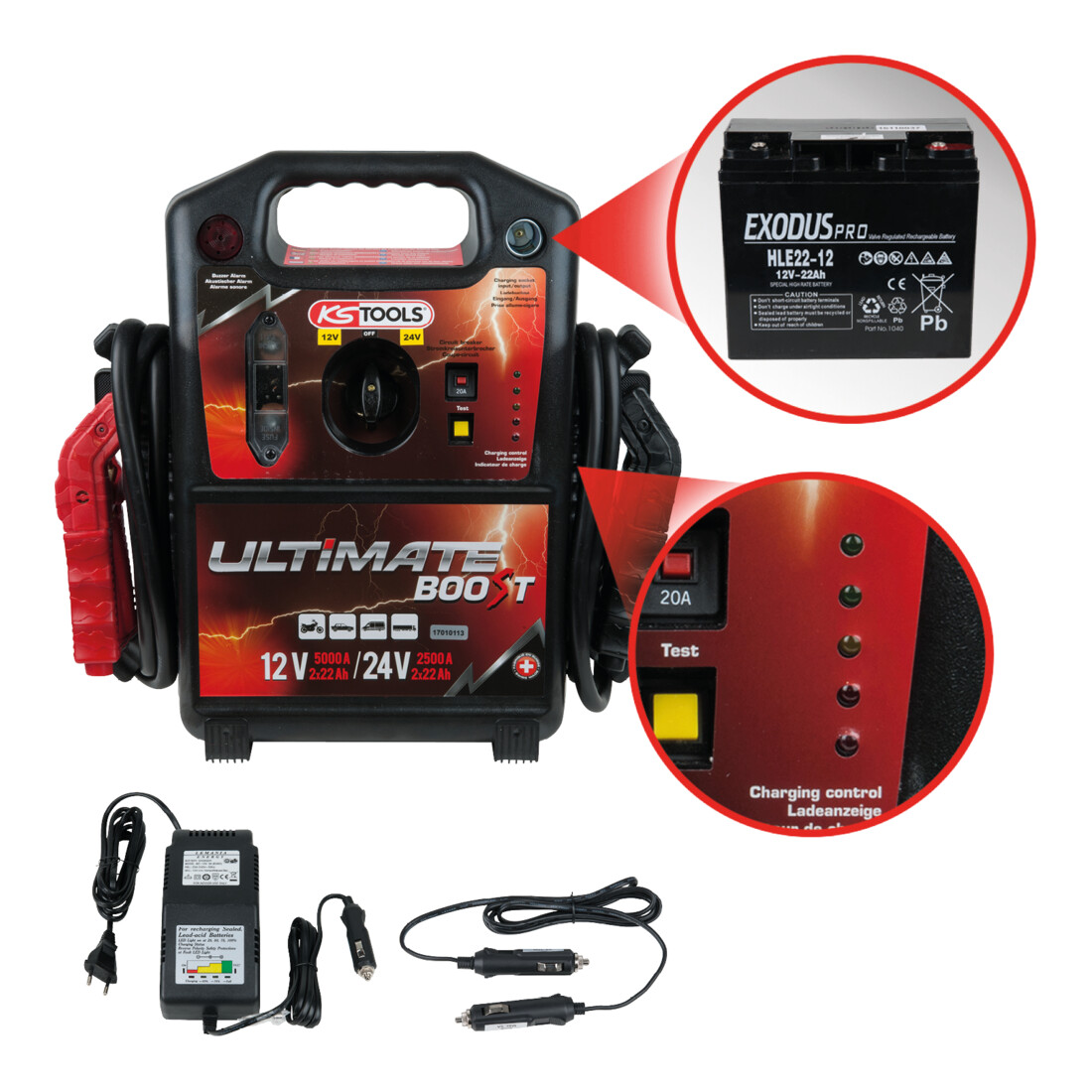 KS Tools 12 V + 24 V Batterie-Booster, mobiles Starthilfegerät 1700 A