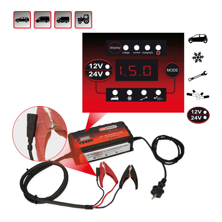 KS Tools 12V + 24V SMARTcharger Hochfrequenz-Batterieladegerät 25A/12,5A
