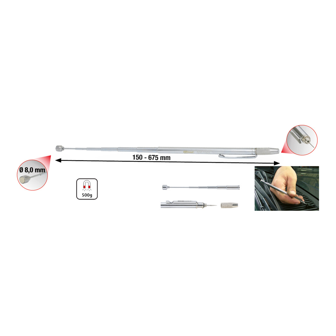KS Tools 2in1 Teleskop-Magnethalter mit Waschdüsen-Reinigungs- und Einstellwerkzeug, 150-675mm
